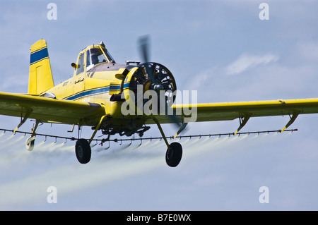 Eine kleine Sprühflugzeug Flugzeug wenn Chemikalien in einem Spray zu einer Ernte in Alberta, Kanada Stockfoto