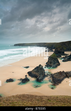 Flut bei Bedruthan Schritte North Cornwall England UK Stockfoto