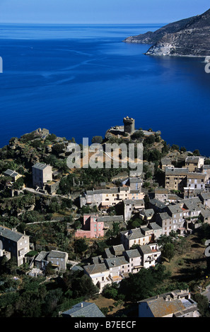 Luftbild von der Ortschaft Nonza, Cap Corse, Korsika, Frankreich Stockfoto