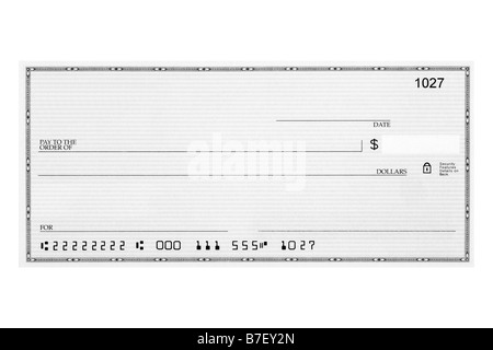Einen persönlichen Scheck ohne Namen oder Adressen mit veränderten Kontonummern Stockfoto