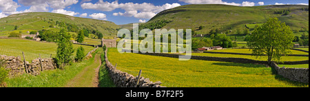 Panoramablick von Scheunen und Feldern rund um das Dorf Muker, Swaledale, Yorkshire Dales, England, UK Stockfoto