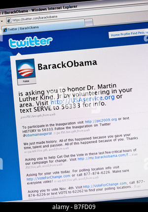 Twitter Social Networking Site Barack Obama twitter Seite mit 'Tweets' für politische Kampagnen während seiner Ausführung für Präsident der USA verwendet Stockfoto