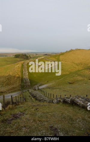 Milecastle 42 an einem feinen langen Hadrianswall an einem steilen Hang in der Nähe von Cawfields Steinbruch Stockfoto