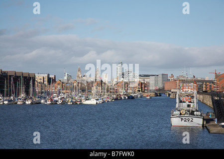 Liverpool-Marina mit Leber-Gebäude von Brunswick Dock aus gesehen Stockfoto