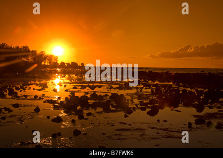 Sonnenuntergang am Trou aus Biches Strand bei Ebbe Mauritius Afrika Stockfoto