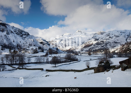 Die Langdael Hechte im Langdale Tal in den Lake District National Park Cumbria UK im Winterschnee Stockfoto