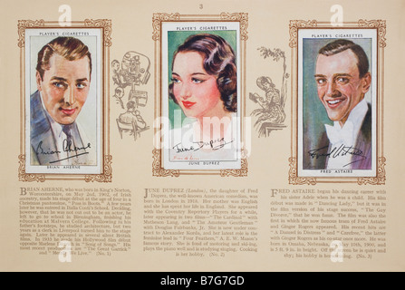 Zigarette Kartenalbum 1938 von John Player & Söhne mit Illustrationen von Filmstars ausgestellt. 3. Reihe Stockfoto