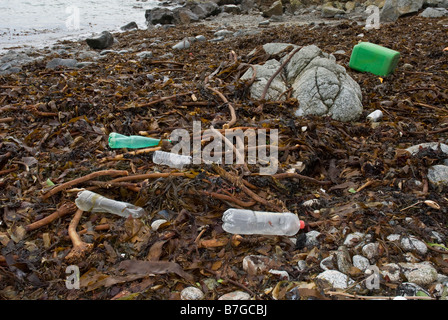 Verschiedene Kunststoff-Flaschen und Behälter gespült an einem Strand von Algen bedeckt. Stockfoto