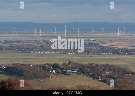 Die NPower Windenergieanlagen an kleinen Cheyne Gericht, New Romney, Kent angesehen von Fairlight, East Sussex Stockfoto