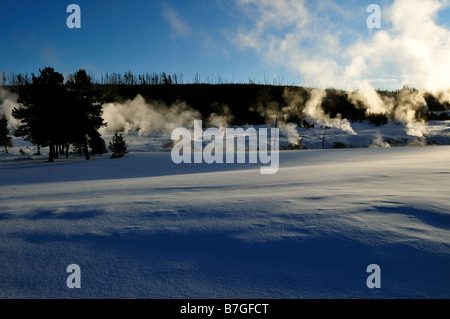 Dampfdüsen im Winter. Der Yellowstone Nationalpark, Wyoming, USA. Stockfoto