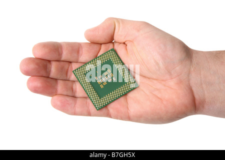 Hand halten Computer cpu ausgeschnitten auf weißem Hintergrund Stockfoto