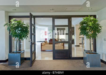 Formschnitt Bäume in Pflanzgefäßen auf beiden Seiten der Türen am Eingang zum Mclundie Hotel in Südspanien Stockfoto