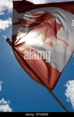 Hinterleuchtete kanadische Flagge: Die Sonne hinter den Stoff eines flatternden roten und weißen Ahornblatt kanadische Flagge Stockfoto