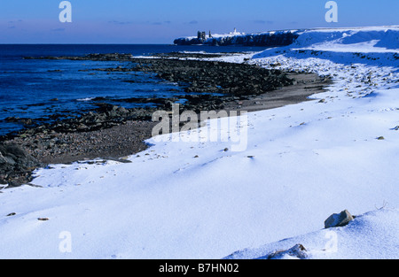 Sinclairs Bay und Sinclair und Girnigoe Burgen prominent auf Noss Head, Caithness, Schottland, Winter. Stockfoto