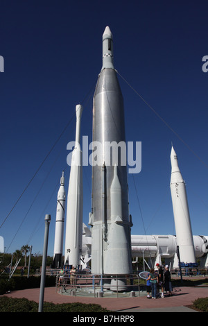 NASA-Mercury Familie Raketen Besucherzentrum Kennedy Space Center Cape Canaveral Tour Tourist Museum Anzeige Rakete Stockfoto