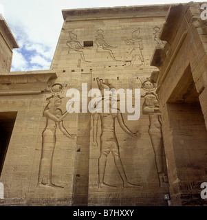 Alte ägyptische Steinmetzarbeiten an den Wänden der Tempel des Horus in Edfu am Westufer des Nils Stockfoto