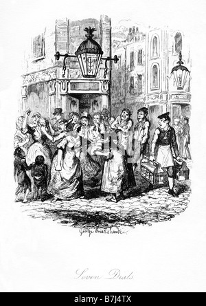 Skizzen von Boz Seven Dials Illustration von George Cruikshank der Zickenkrieg im Covent Garden in Charles Dickens Buch Stockfoto