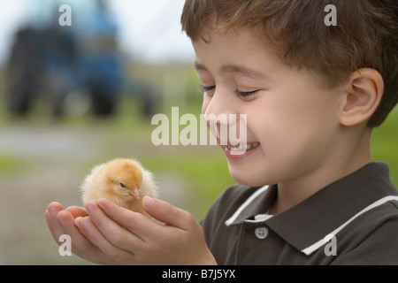 Kleiner Junge hält eine Baby-Küken auf dem Bauernhof mit einem Traktor im Hintergrund, Waterford, Ontario Stockfoto