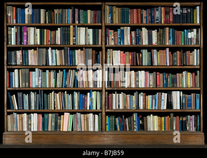 Bild mit hoher Auflösung von Büchern in einem Bücherregal auf schwarzem Hintergrund Stockfoto