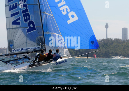 18ft Skiff Rennen in Sydney Hafen Australien Boot Panasonic Stockfoto