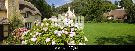 Einen Panoramablick über strohgedeckten Hütten auf Selworthy Green, Exmoor, Somerset Stockfoto