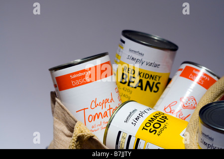 Dosen von Somerfield einfach Wert und Sainsburys Grundlagen Wirtschaft Bereich verzinnt Essen in einer braunen hessische Einkaufstasche Stockfoto