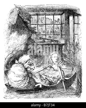 Alice in das Ruderboot mit den Schafen Alice durch den Spiegel-Illustration von Sir John Tenniel 1820 bis 1914 Stockfoto