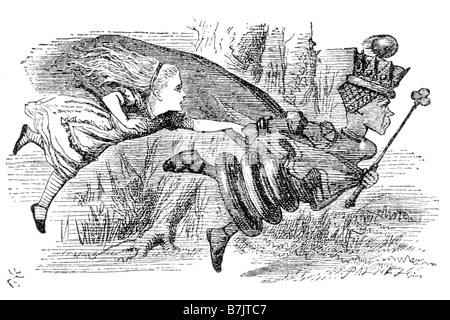 Alice läuft Hand in Hand mit der Roten Königin Alice durch den Spiegel-Illustration von Sir John Tenniel 1820 bis 1914 Stockfoto