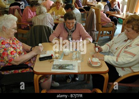 Eine Gruppe von älteren Frauen oder Senioren spielen Bingo zusammen Stockfoto