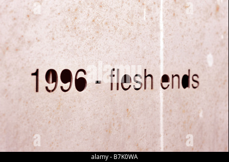 Fleisch endet Metall Hacienda Memorial Plaque Werk zeichnet Nachtclub Manchester uk England 1996 Stockfoto