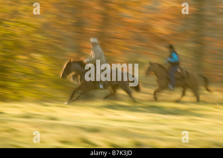 Zwei Männer auf dem Pferderücken galoppieren auf Viertelpferden über die Ranch Weide in Herbstfarben Stockfoto