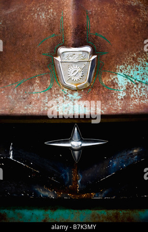 Detail der Nadelstreifen vor einem alten rostigen Ford Pickup-Truck. Stockfoto