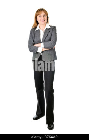Glücklich lächelnd Geschäftsfrau isoliert auf weißem Hintergrund Stockfoto