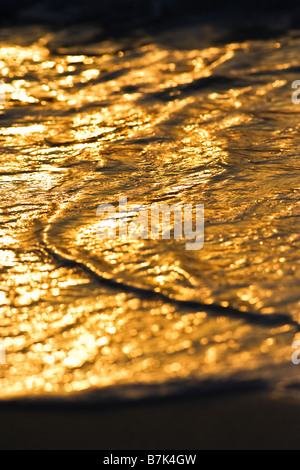 Das Meer bei Sonnenuntergang an einem Strand auf einer tropischen Insel in den Malediven waschen Nahaufnahme Stockfoto