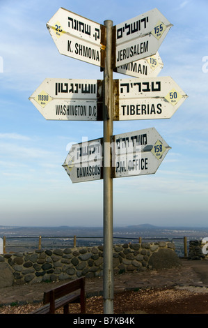 Ein Schild Richtung und Entfernung zu verschiedenen Orten auf dem Mount Bental in den Golanhöhen Israel Stockfoto