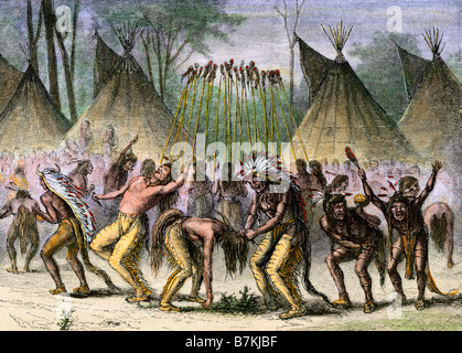Native American war Tanz in der Nähe des St. Lawrence River während des Franzosen- und Indianerkrieg. Hand - farbige Holzschnitt Stockfoto