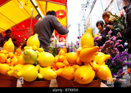 Goldene Früchte auf Dicplay in Guangzhou Blumenmarkt für das chinesische Neujahr Stockfoto