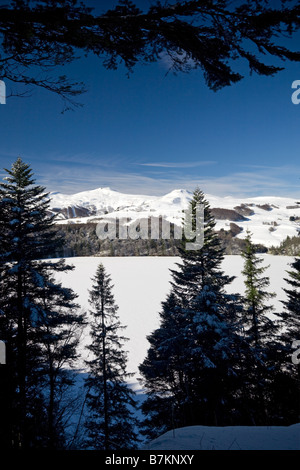 Im Winter, den Schnee bedeckten Pavin See während der Frost (Puy de Dôme - Frankreich). Le Lac Pavin Gelé et Recouvert de Neige (Frankreich) Stockfoto