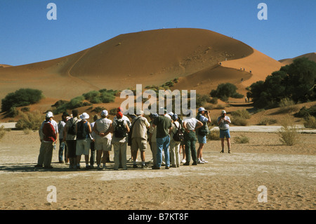 Eine Gruppe von Touristen hören ein Leitfaden im Sossusvlei in Namibia Stockfoto
