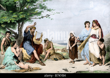 Homer erzählt die Taten der alten Griechen im Trojanischen Krieg. Handcolorierte halftone einer Abbildung Stockfoto