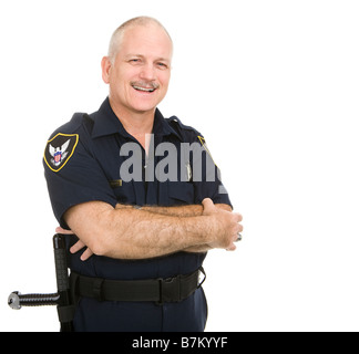 Freundlich lächelnd Polizist Taille Ansicht isoliert auf weiss Stockfoto