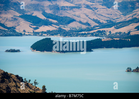 Lyttelton Harbour View von Port Hills, Banks Peninsula, Canterbury, Neuseeland Stockfoto