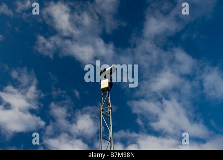 Eine cctv-Kamera in einem blauen Himmel blickte. Stockfoto