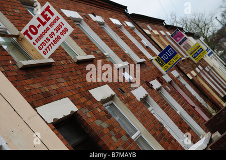 Zu lassen und für Verkauf Zeichen auf Reihenhäuser im Studentenviertel von Belfast Stockfoto