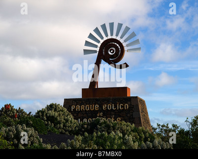 Schild am Eingang zum Parque Eolico de Los Valles Wind Farm Lanzarote Kanarische Inseln Stockfoto