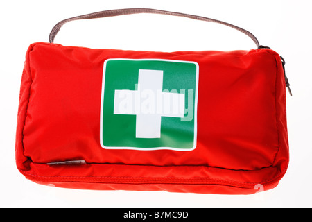 Erste-Hilfe-Kasten, Pack und mobile, persönliche Apotheke, Medikamente, für die Reise. Stockfoto