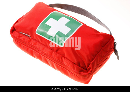 Erste-Hilfe-Kasten, Pack und mobile, persönliche Apotheke, Medikamente, für die Reise. Stockfoto