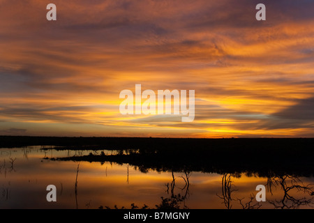 Spektakulären Sonnenuntergang über der Mopani Verdammung, Krüger Nationalpark, Südafrika Stockfoto