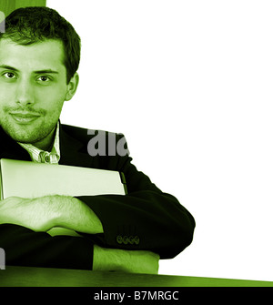 Geschäftsmann mit Laptop in seinen Händen, isoliert auf weiss Stockfoto