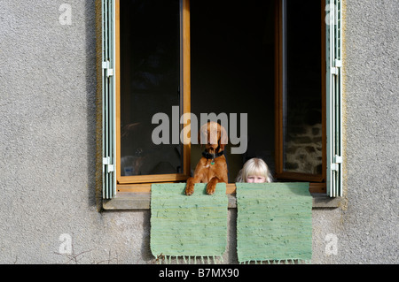 Stock Foto von einem kleinen Mädchen und ihrem Haustier Hund aus einem offenen Fenster Stockfoto